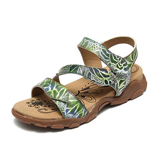 gracosy Sandalias Planas Mujer Verano Zapatos Hook Loop Sandalias de Cuero con Plataforma Tirantes de Playa Huecos Correas Ajustables Tacones Bajos Correas Deportivas cómodas Zapatos para Caminar