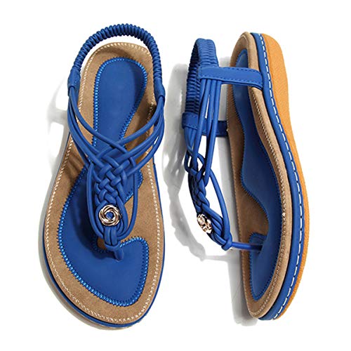 gracosy Sandalias Planas Verano Mujer Estilo Bohemia Zapatos de Dedo Sandalias Talla Grande Cinta Casuales Playa Chanclas Romanas de Mujer 2020 Azul Negro Moda