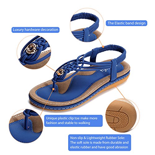 gracosy Sandalias Planas Verano Mujer Estilo Bohemia Zapatos de Dedo Sandalias Talla Grande Cinta Casuales Playa Chanclas Romanas de Mujer 2020 Azul Negro Moda