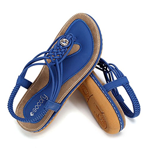 gracosy Sandalias Planas Verano Mujer Estilo Bohemia Zapatos de Dedo Sandalias Talla Grande Cinta Casuales Playa Chanclas Romanas de Mujer 2020 Azul Negro Moda