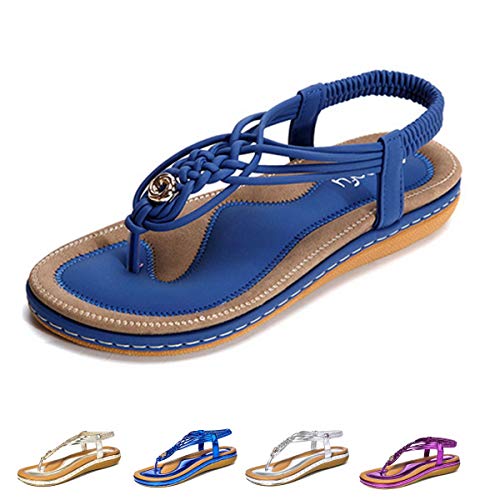 gracosy Sandalias Planas Verano Mujer Estilo Bohemia Zapatos de Dedo Sandalias Talla Grande Cinta Casuales Playa Chanclas Romanas de Mujer 2020 Azul Negro Moda