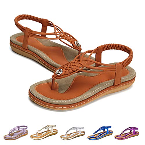 gracosy Sandalias Planas Verano Mujer Estilo Bohemia Zapatos de Dedo Sandalias Talla Grande Cinta Casuales Playa Chanclas Romanas de Mujer 2020 Azul Negro Moda