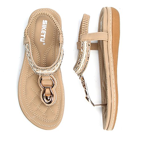 gracosy Sandalias Planas Verano Mujer Estilo Bohemia Zapatos para Mujer de Dedo Sandalias Talla Grande 36-44 Cinta Elástica Casuales de Playa Chanclas Romanas de Mujer 2020 Rhinestone de Moda