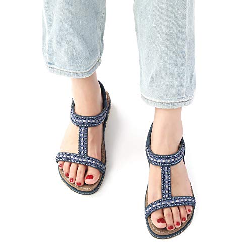 gracosy Sandalias Planas Verano Mujer Estilo Bohemia Zapatos para Mujer de Dedo Sandalias Talla Grande 37-43 Cinta Elástica Casuales de Playa Chanclas Romanas de Mujer Negro Beige 2020