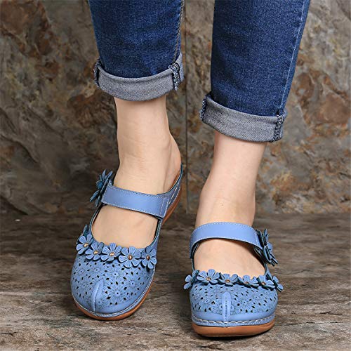 gracosy Zuecos para Mujer Cuero PU Verano Loafer Tacón Bajo Mules Zapatillas de Playa Planos Zapatos Antideslizantes Sandalias Mary Jane Zapatilla