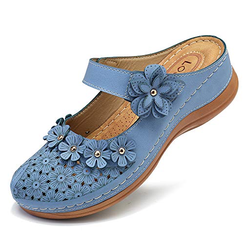 gracosy Zuecos para Mujer Cuero PU Verano Loafer Tacón Bajo Mules Zapatillas de Playa Planos Zapatos Antideslizantes Sandalias Mary Jane Zapatilla