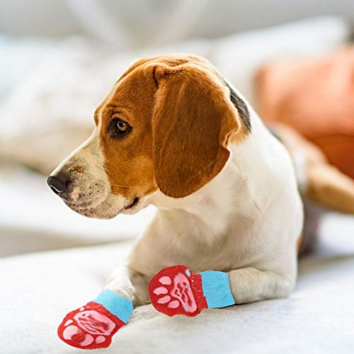 Gresunny 4 Piezas Calcetines para Perros Antideslizantes Protectores de Patas para Uso en Interior y Control de tracción con Refuerzo de Goma Botas para Mascotas Perro Gatos Rojo
