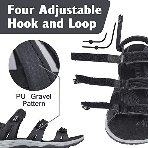 GRITION Sandalias de Senderismo para Deportes al Aire Libre para Mujer, Sandalias de Senderismo de Verano Planas y Abiertas, Zapatos para Caminar fáciles con Correa y Correa Ajustables Negro 38EU