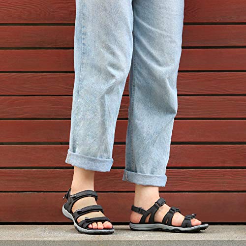 GRITION Sandalias de Senderismo para Deportes al Aire Libre para Mujer, Sandalias de Senderismo de Verano Planas y Abiertas, Zapatos para Caminar fáciles con Correa y Correa Ajustables Negro 38EU