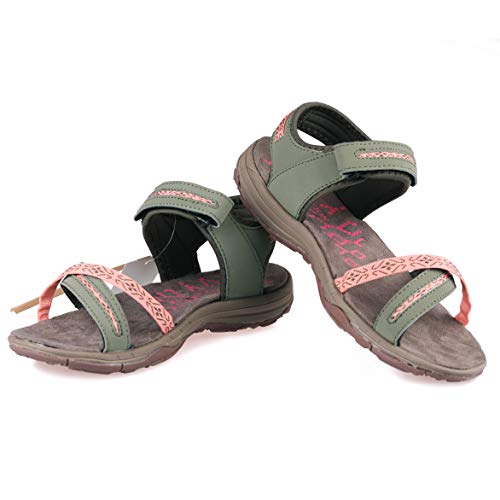 GRITION Sandalias Mujer Verano Planas Trekking Ligero Confort Casuales Secado rápido Ajustable Correas Puntera Abierta Damas Excursionismo Deportivas al aire libre Zapatos (37 EU,Aceituna)
