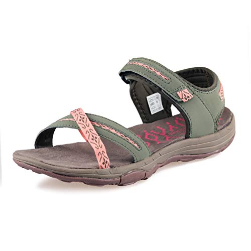 GRITION Sandalias Mujer Verano Planas Trekking Ligero Confort Casuales Secado rápido Ajustable Correas Puntera Abierta Damas Excursionismo Deportivas al aire libre Zapatos (37 EU,Aceituna)