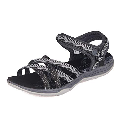 GRITION Sandalias Senderismo Mujer, Niñas Deportes Zapatos de Agua Verano Sandalias Planas Cruzadas Punta Abierta Zapatos de Caminar Ajustables Negro Rosa Arena Gris (39, Gris/Oscuro)