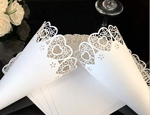 GWHOLE 100 Piezas Conos Papel Arroz Boda Blanco, Diseño de Corazón Hueco, Cucuruchos Pétalos Confeti Decoración Boda con Cinta Adhesiva Doble