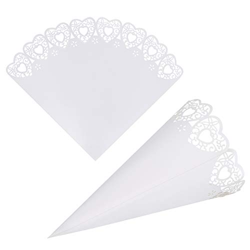GWHOLE 100 Piezas Conos Papel Arroz Boda Blanco, Diseño de Corazón Hueco, Cucuruchos Pétalos Confeti Decoración Boda con Cinta Adhesiva Doble