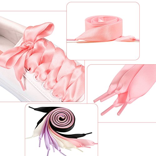 GWHOLE 4 Pares Cordones de Cinta Raso Cordones Seda de Zapatos, 4 Colores de 1.2m -Blanco, Negro, Rosa, Violeta