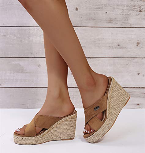 GXFXLP Sandalias de Plataforma de Mujer, Cuñas Esparto Mujer Verano, Zandalias de Mujer Verano Comodas, con Punta Abierta Mujer,Marrón,35