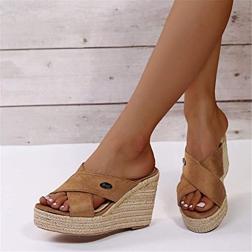 GXFXLP Sandalias de Plataforma de Mujer, Cuñas Esparto Mujer Verano, Zandalias de Mujer Verano Comodas, con Punta Abierta Mujer,Marrón,35