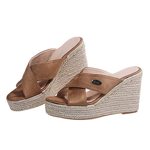 GXFXLP Sandalias de Plataforma de Mujer, Cuñas Esparto Mujer Verano, Zandalias de Mujer Verano Comodas, con Punta Abierta Mujer,Marrón,35