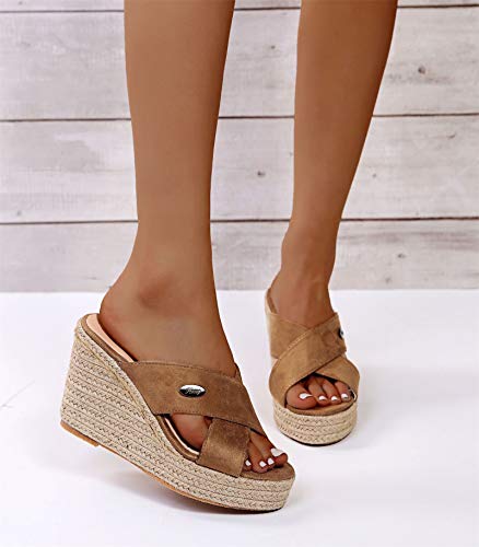 GXFXLP Sandalias de Plataforma de Mujer, Cuñas Esparto Mujer Verano, Zandalias de Mujer Verano Comodas, con Punta Abierta Mujer,Marrón,35