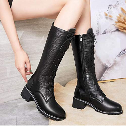 GYPING Invierno de Las señoras Rodilla Cordón de Cuero con Botas largas Zapatos Antártida Felpa de la guarnición del Motorista Botas Caminar el Trabajo al Aire Libre Senderismo,Black- 39/UK 6