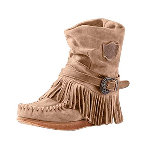 Hanyixue Botines de mocasines para mujer, Botas de flecos para mujer Botas de punta redonda Botas de color liso Zapatos planos Botas medianas con hebilla retro con borla de Roma