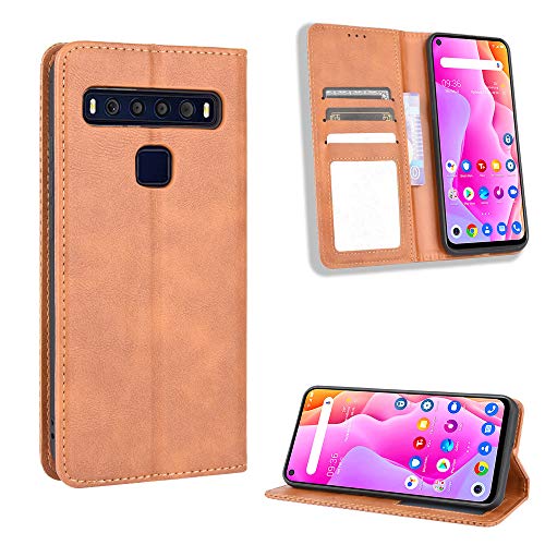 HAOTIAN Leather Folio Funda para TCL 10L /TCL 10 Lite Funda, Flip Wallet Carcasa Tipo Libro Protector Magnético y Plegable de PU + TPU Soporte de Ranuras para Tarjetas, Marrón