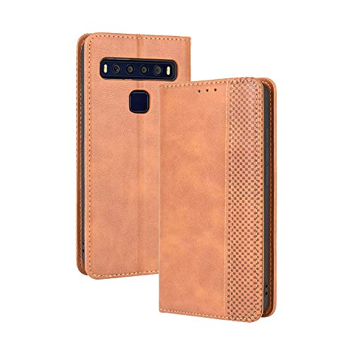 HAOTIAN Leather Folio Funda para TCL 10L /TCL 10 Lite Funda, Flip Wallet Carcasa Tipo Libro Protector Magnético y Plegable de PU + TPU Soporte de Ranuras para Tarjetas, Marrón