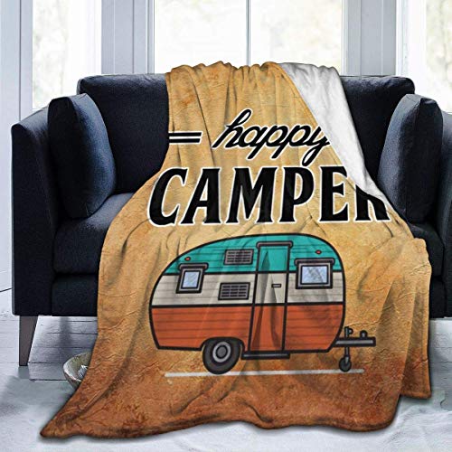 Happy Camper Camping Micro Fleece Flannel Throw Blankets Lightweight Super Plush Bed Blanket Fit Sofa Suitable for All Season