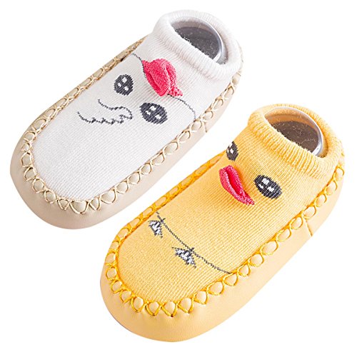 Happy Cherry 2 Par Bebés Calcetines Antideslizante de Algodón para Niñas Primeros Pasos Calcetines Andar Bebé por Casa Elástica Transpirable - Amarillo - 12CM