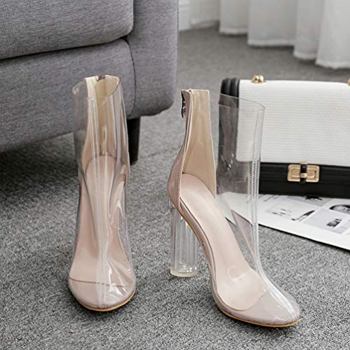 Happyyami Botas de Tacones Altos Gruesos Botines Transparentes Tacones de Metacrilato para Mujer Sandalias de Cristal de Punta Puntiaguda con Cremallera