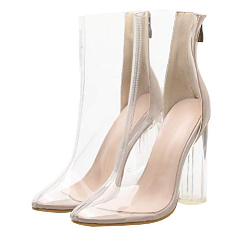 Happyyami Botas de Tacones Altos Gruesos Botines Transparentes Tacones de Metacrilato para Mujer Sandalias de Cristal de Punta Puntiaguda con Cremallera