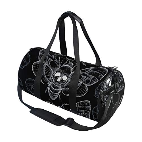 HARXISE Bolsa de Viaje，Muerte punteada ”con Cabeza de Polilla de halcón o Acherontia Atropos en Blanco y Calaveras,Bolsa de Deporte con Compartimento para Sports Gym Bag