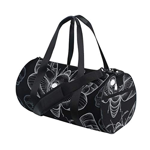 HARXISE Bolsa de Viaje，Muerte punteada ”con Cabeza de Polilla de halcón o Acherontia Atropos en Blanco y Calaveras,Bolsa de Deporte con Compartimento para Sports Gym Bag