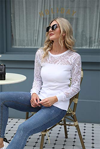 Hawiton Jerséis para Mujer Suéter de Punto de Encaje Elegantes Blusas de Manga Larga Cuello Redondo Tops para Otoño Invierno Primavera