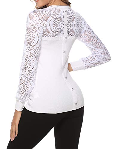 Hawiton Jerséis para Mujer Suéter de Punto de Encaje Elegantes Blusas de Manga Larga Cuello Redondo Tops para Otoño Invierno Primavera