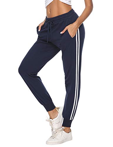 Hawiton Pantalon Chandal Mujer Largos Pantalones de Deporte Yoga Fitness Jogger Pantalones de Punto de Rayas（Azul,M）