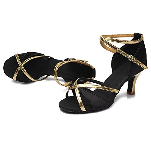 HIPPOSEUS Mujer Zapatillas Latin Dance, Punta Abierta, Estrecha,ES805-7,Negro Color,EU 37.5
