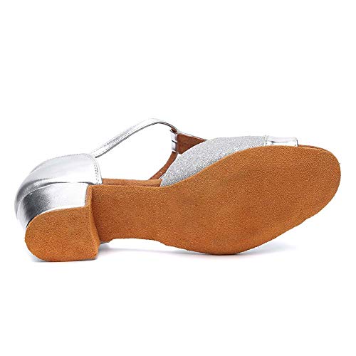 HIPPOSEUS niña Zapatos de Baile Latino, Dedos Abiertos, tacón Bloque 3.5 CM,ES305,Plateado,EU 38
