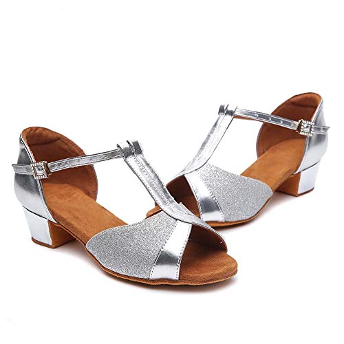 HIPPOSEUS niña Zapatos de Baile Latino, Dedos Abiertos, tacón Bloque 3.5 CM,ES305,Plateado,EU 38