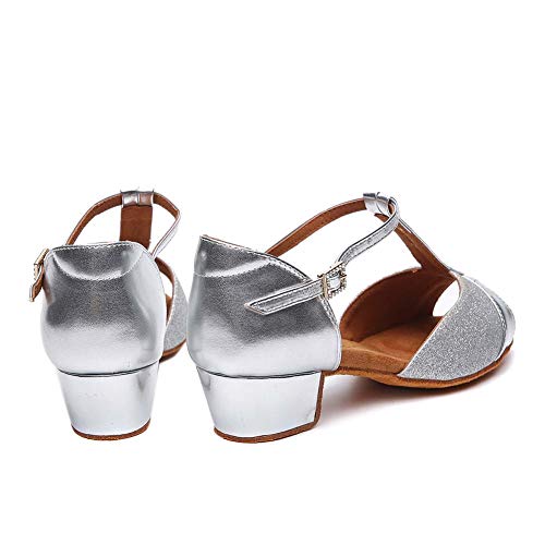 HIPPOSEUS niña Zapatos de Baile Latino, Dedos Abiertos, tacón Bloque 3.5 CM,ES305,Plateado,EU 38