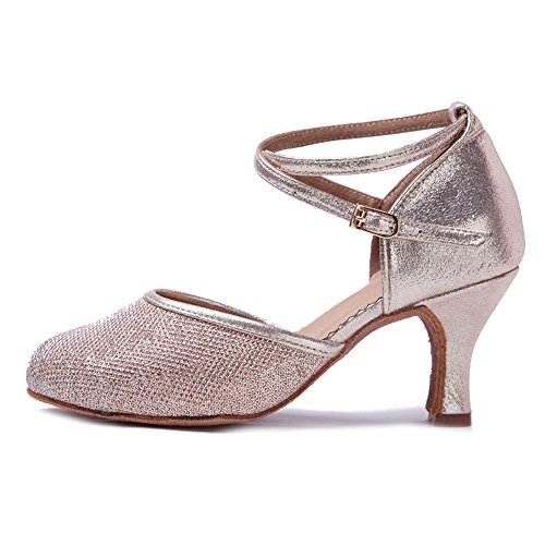 HIPPOSEUS Zapatos de Baile de Cuero sintético Brillo para Mujer con Dedos Cerrados Zapatos de Baile de práctica Zapatos de Baile de Boda estándar, Modelo WX-CL,Dorado Champagne Color,EU 38.5/6 UK