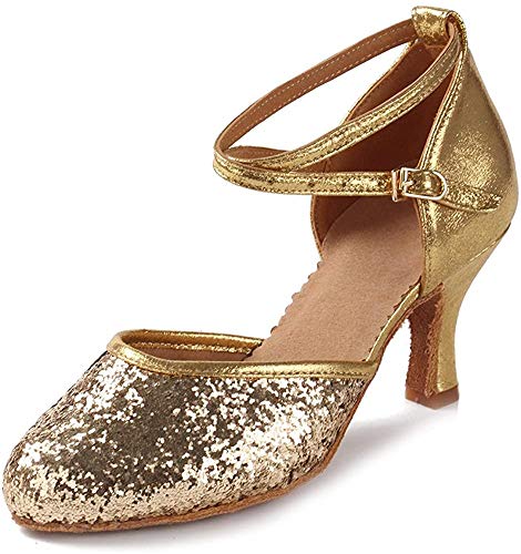 HIPPOSEUS Zapatos de Baile de Lentejuelas de Oro para Mujer con Dedos Cerrados Zapatos de Baile de práctica Zapatos de Baile de Boda estándar, Modelo WX-CL, Oro Color,EU 38.5/6 UK