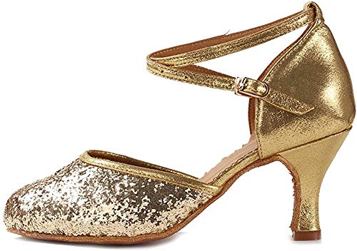 HIPPOSEUS Zapatos de Baile de Lentejuelas de Oro para Mujer con Dedos Cerrados Zapatos de Baile de práctica Zapatos de Baile de Boda estándar, Modelo WX-CL, Oro Color,EU 38.5/6 UK