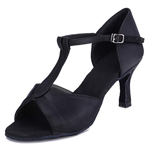 HIPPOSEUS Zapatos de Baile Latino con Correa en T para Mujer Zapatos de práctica de Baile de salón de satén,Negro,36 EU