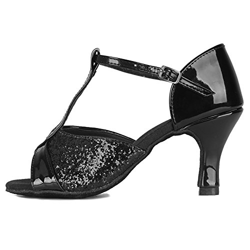 HIPPOSEUS Zapatos de Baile Latino con Correa en T para Mujer Zapatos de práctica de Baile de Salsa con Lentejuelas,Negro,39 EU