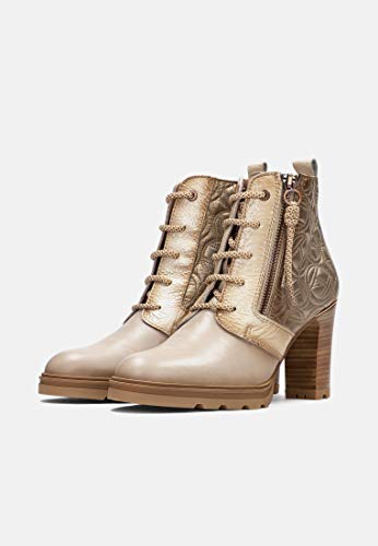 Hispanitas: Botín Atlas con tacón Bloque elaborado en combinación de Materiales, Vainilla, 37 EU