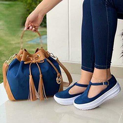HJXY Zapatos de Plataforma con Correa en T para Mujer, 2021 Primavera Retro Mocasines con Cabeza Redonda Cuñas Sandalias Casual Verano Alpargatas con Punta Cerrada (EU38,Azul)