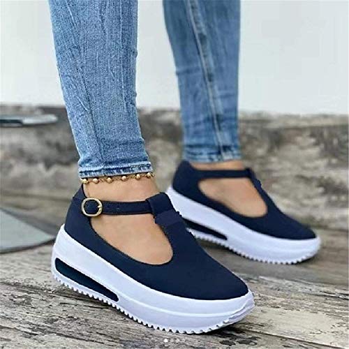 HJXY Zapatos de Plataforma con Correa en T para Mujer, 2021 Primavera Retro Mocasines con Cabeza Redonda Cuñas Sandalias Casual Verano Alpargatas con Punta Cerrada (EU38,Azul)