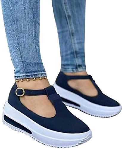 HJXY Zapatos de Plataforma con Correa en T para Mujer, 2021 Primavera Retro Mocasines con Cabeza Redonda Cuñas Sandalias Casual Verano Alpargatas con Punta Cerrada (EU38,Azul)