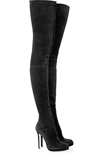 HNMS Boots Botas Altas hasta el Muslo para Mujer Botas Elásticas sobre la Rodilla Botas Ante Negro con Tacón de Aguja Botas Largas EU 35-46,Negro,EU42/UK8